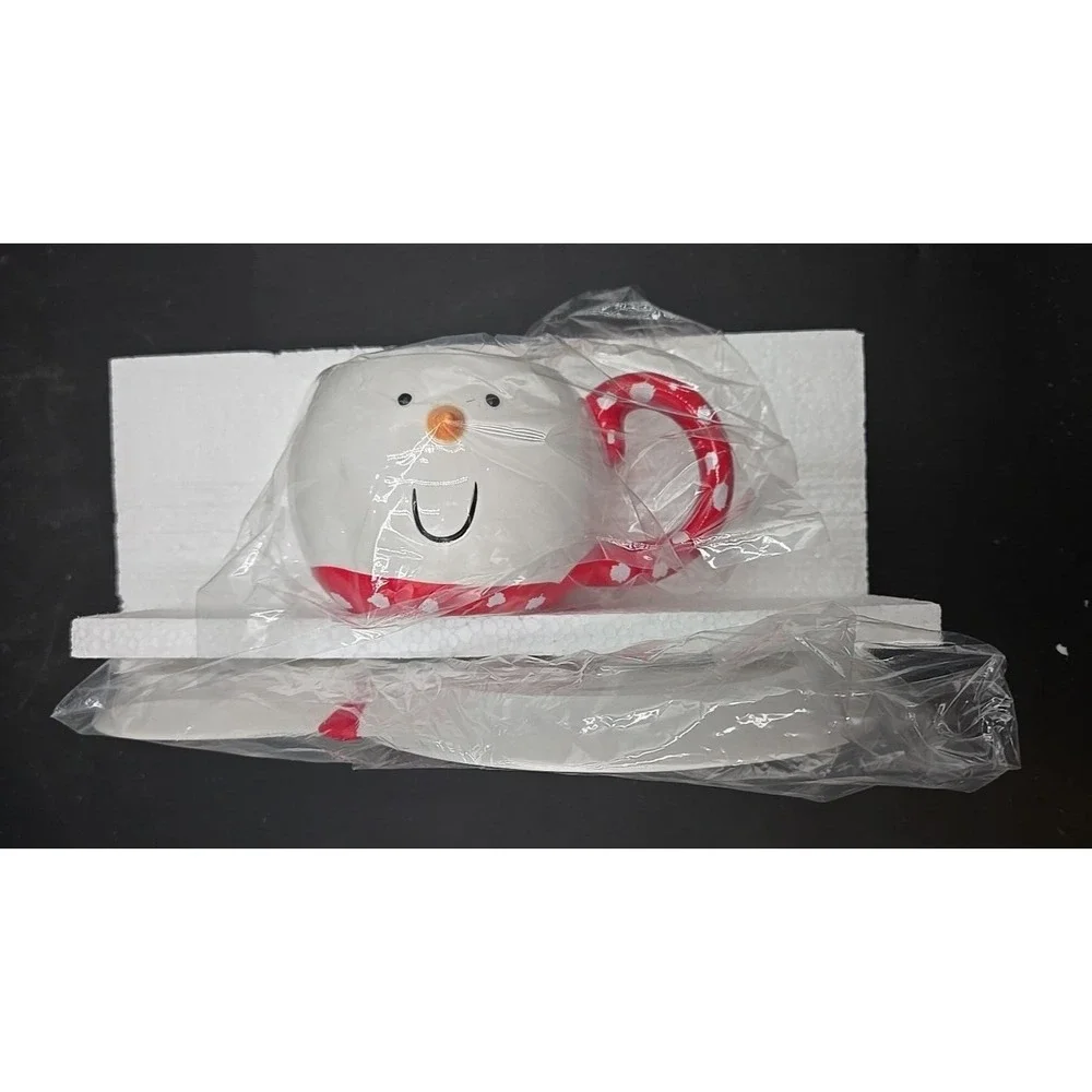 Snowman Red White Snack Plate Cup Mug. Christmas Seasonal Department 56 w/box‎